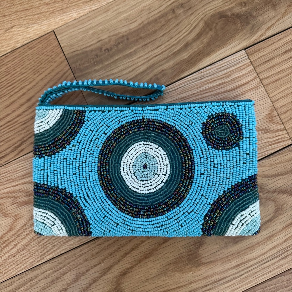 Blue and White Geometric Beaded Wristlet Clutch Wallet Pouch